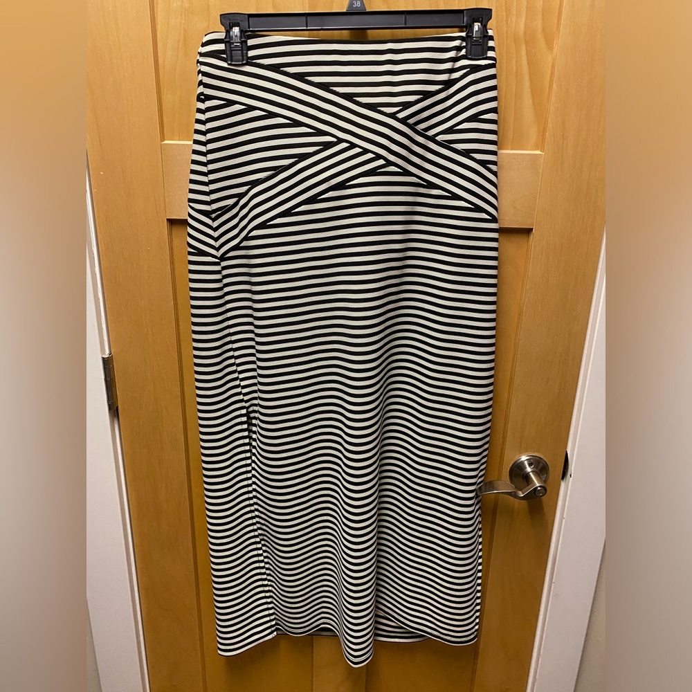 Beige by ECI Black and Cream Striped Knit Maxi Skirt with Side Slit